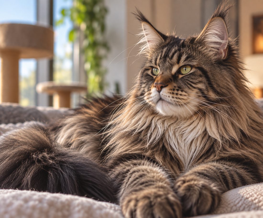 Un gatto disteso in casa, nella luce del mattino