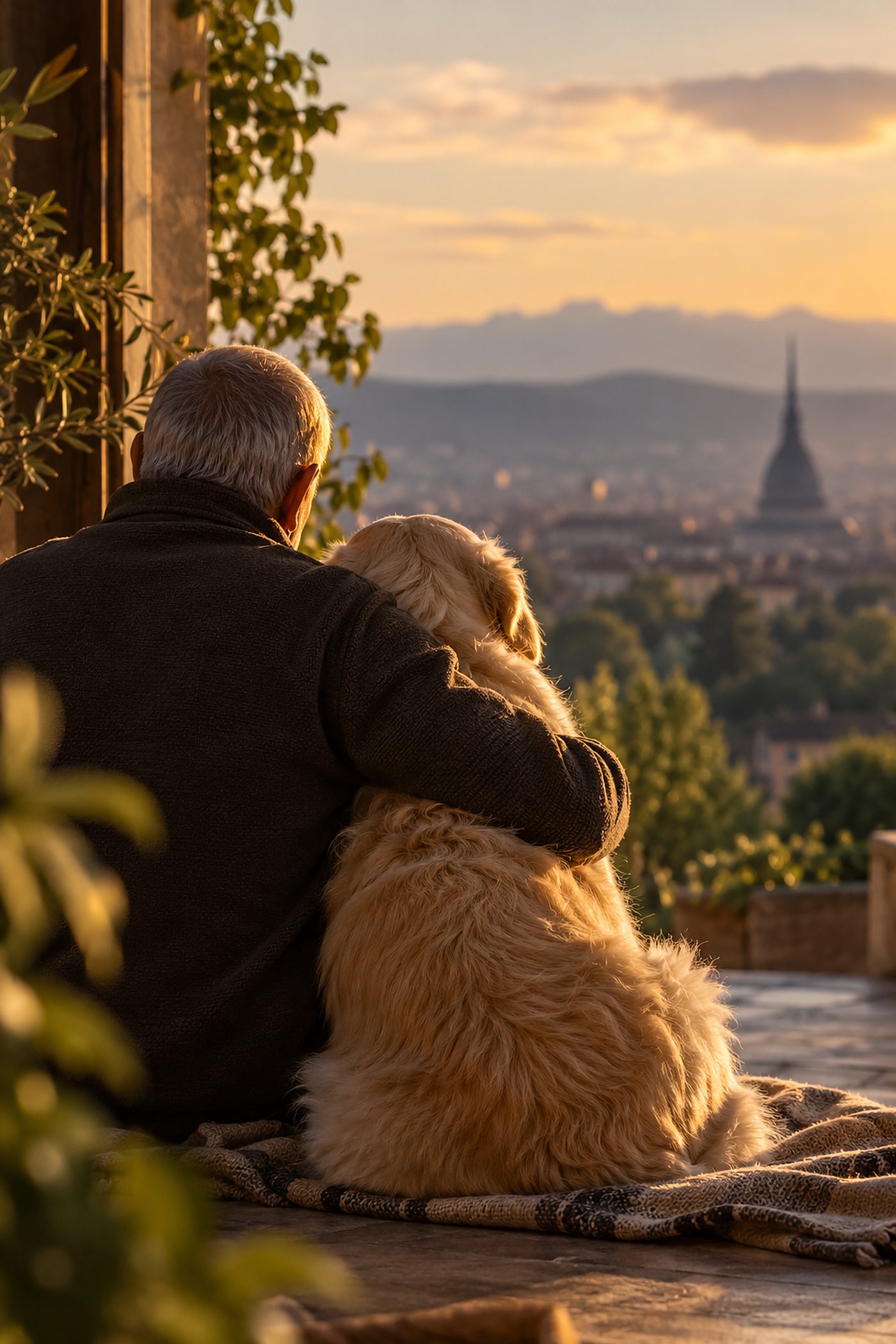 Un uomo anziano abbraccia il suo cane guardando Torino al tramonto, con la Mole all'orizzonte