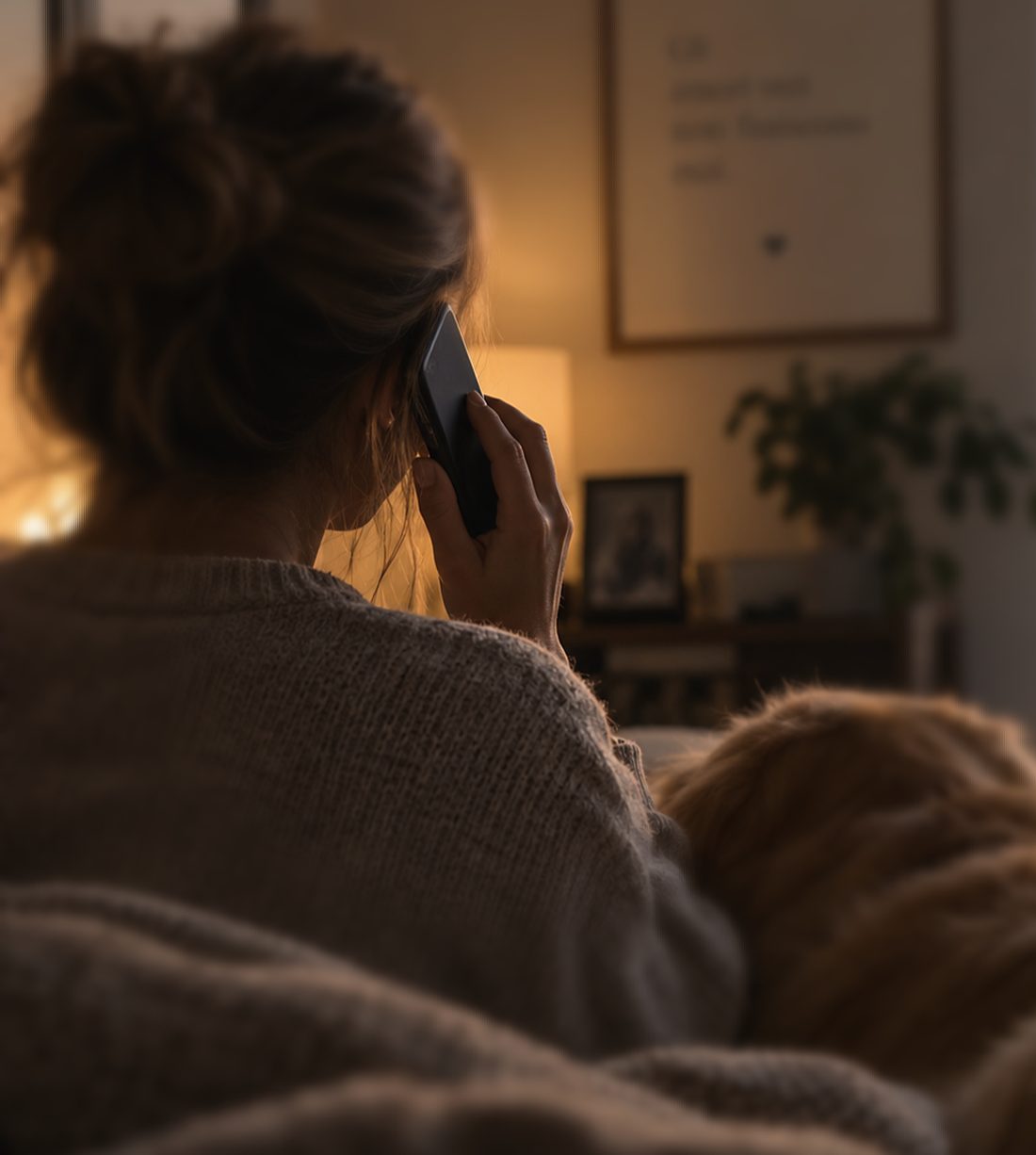 Una donna al telefono, seduta in casa accanto al suo cane