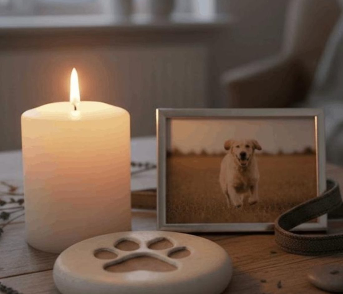 Una candela accesa accanto alla cornice di un cane e a un'impronta in argilla