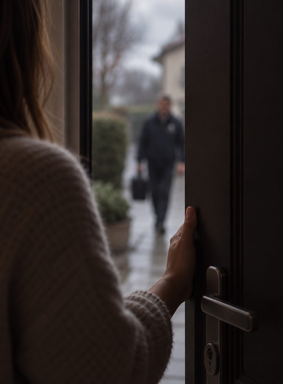 Una persona apre la porta di casa: sul vialetto arriva il nostro incaricato