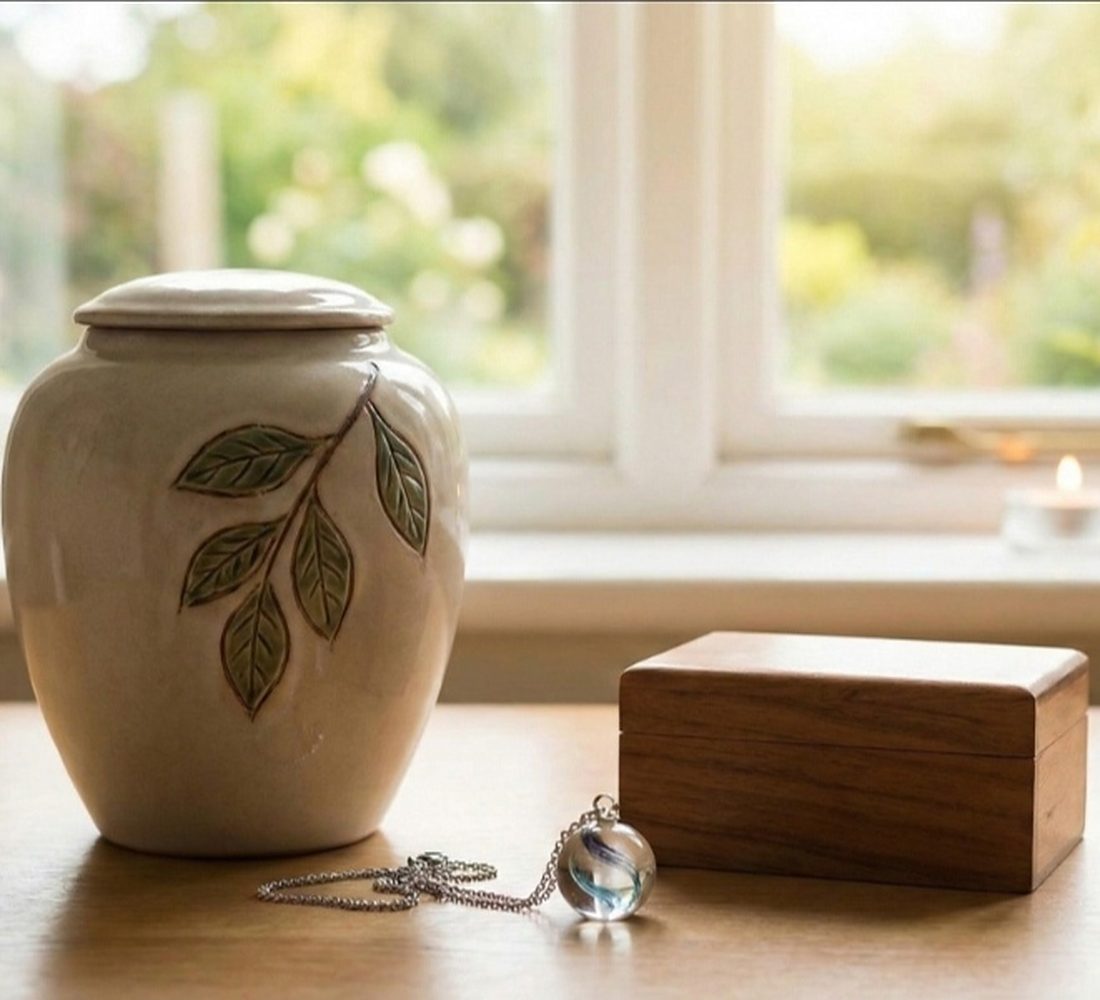 Un'urna di ceramica e un cofanetto di legno su un tavolo, davanti alla finestra