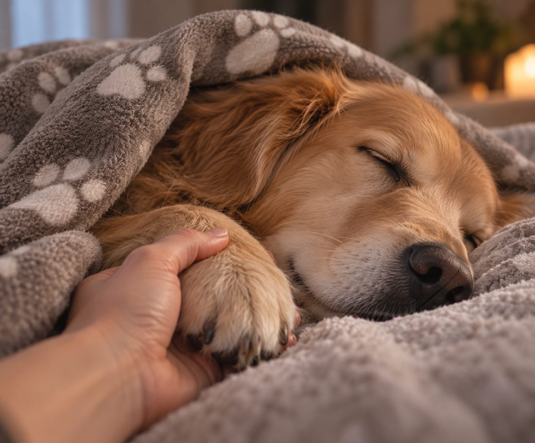 Una mano appoggiata sulla zampa di un cane addormentato sotto una coperta