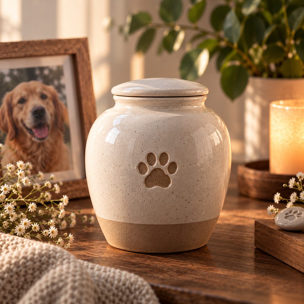 Un'urna di ceramica chiara con l'impronta in rilievo, accanto alla foto del cane