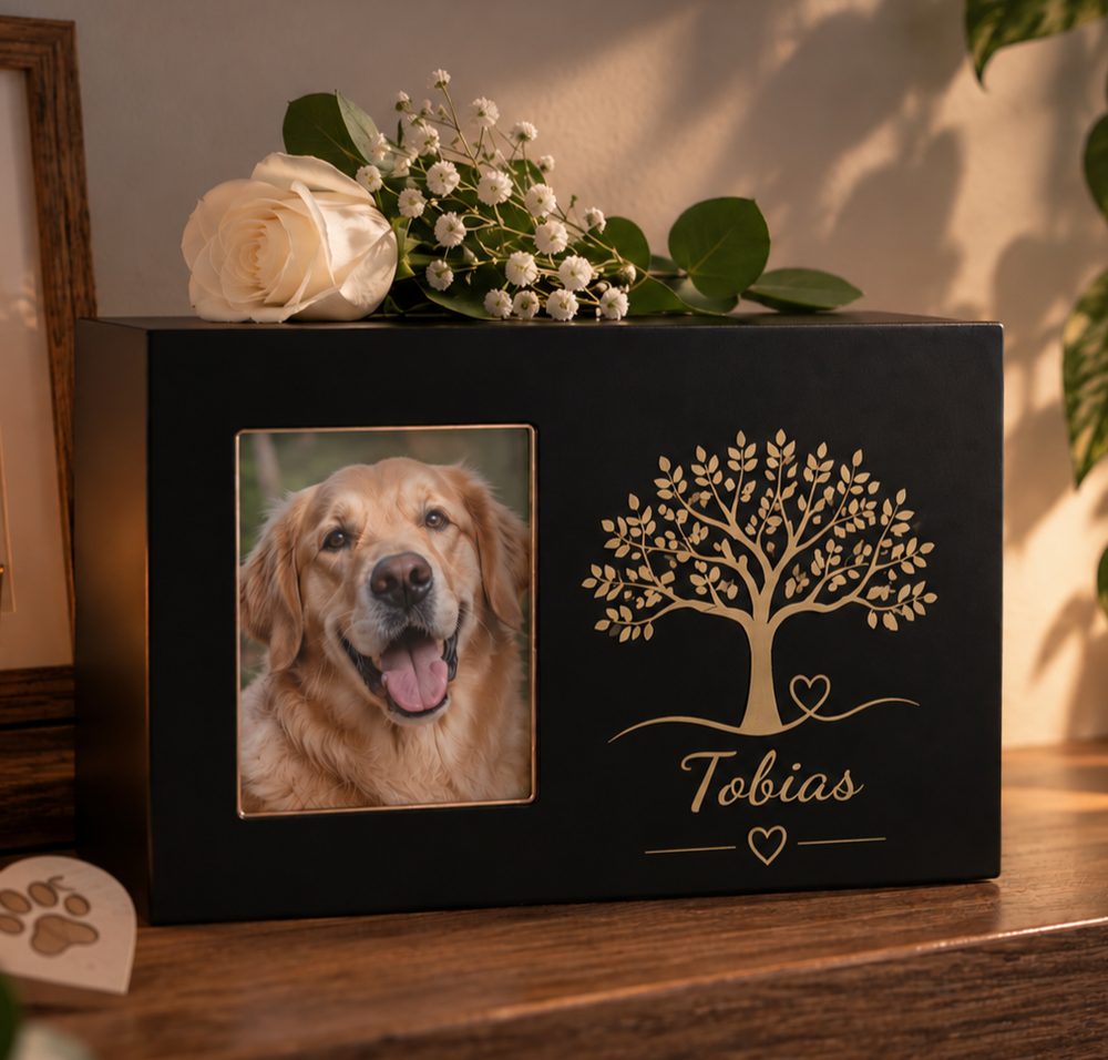 Un cofanetto con la foto del cane e il suo nome inciso, su una mensola