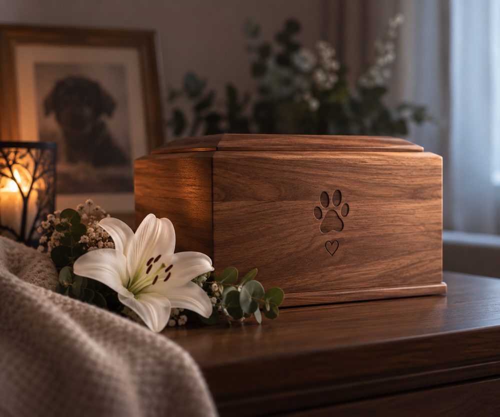 Un'urna di legno con l'impronta incisa, accanto a un giglio bianco
