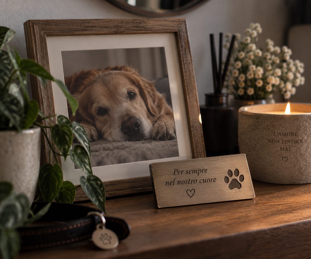 Una cornice con la foto del cane e una targa incisa, accanto a una candela