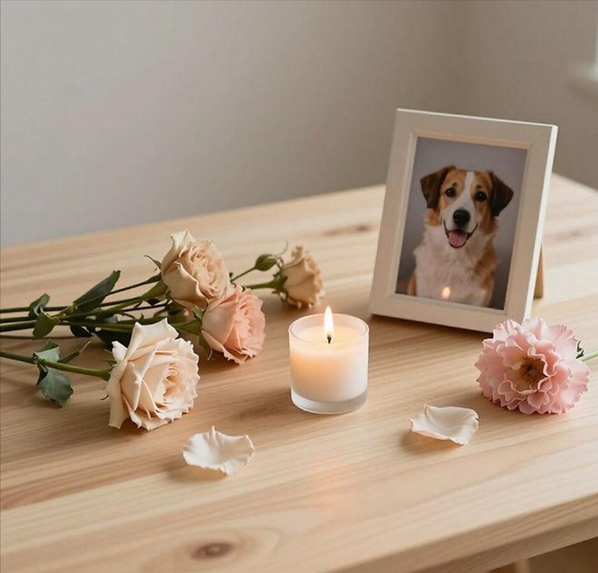 Un tavolo con la cornice di un cane, una candela accesa e rose bianche